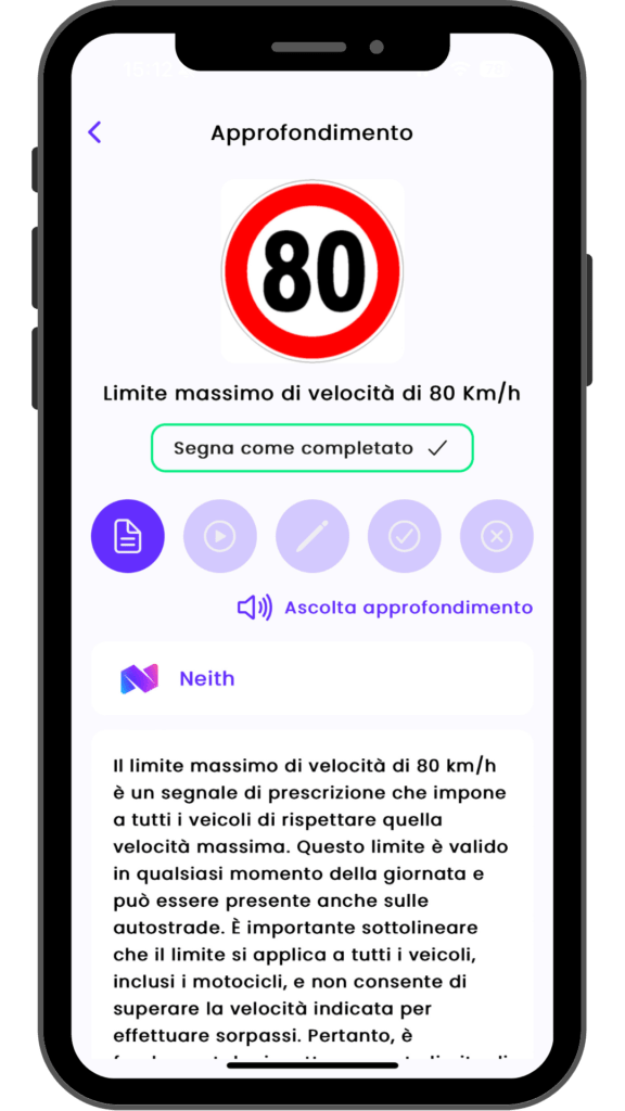 Schermata dell'applicazione 'Neith' che mostra un segnale stradale di limite massimo di velocità a 80 km/h con descrizione dettagliata in italiano sul rispetto dei limiti di velocità per tutti i tipi di veicoli e l'importanza del rispetto del limite per la sicurezza stradale."